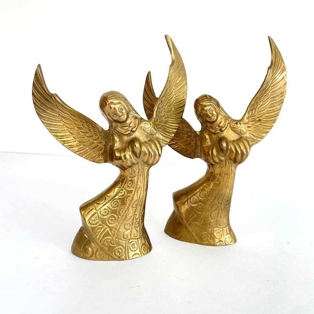 Vintage Brass Angel Candle Holders Pair Mid Century Statues Christmas Boho Decor